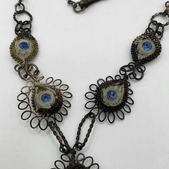 Vintage Wirework Necklace & Earrings Set Blue Glass Cabochons 17” w/ 2” Drop - Picture 7 of 12